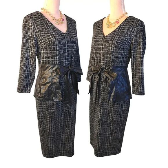New York & Co Black Plaid Vegan Leather Bow Sheath Midi Dress Small - Picture 9 of 16